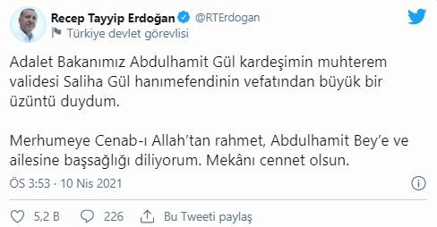 Başkan Erdoğan'dan Bakan Gül'e Taziye Mesajı4354