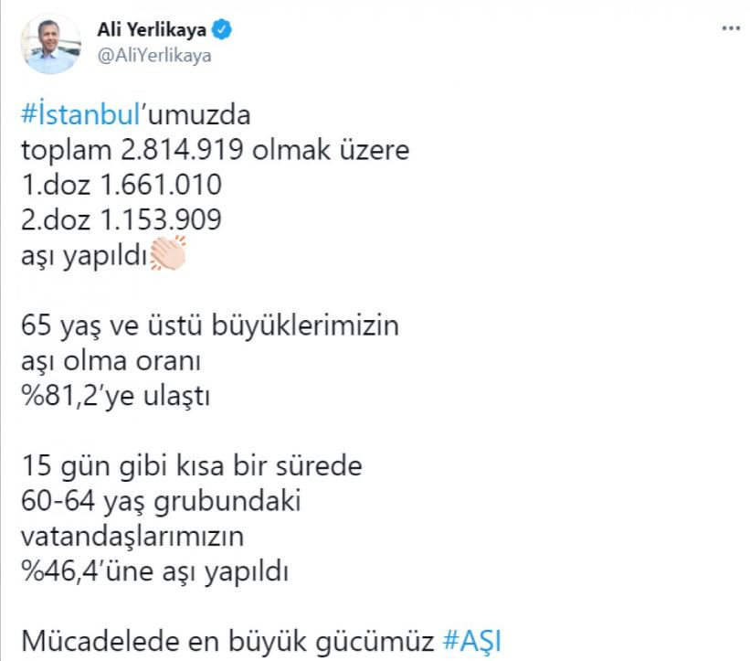 İstanbul Valisi Aşılanma Oranlarını Paylaştı354545