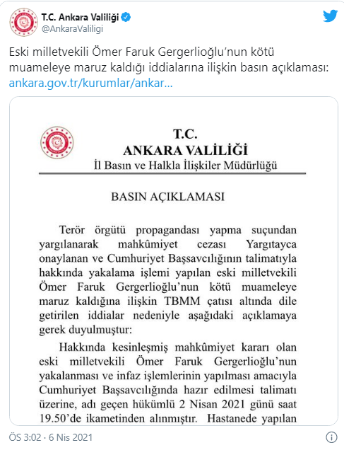 Ankara Valiliği 'Gergerlioğlu'na Kötü Muamele' İddialarının Asılsız Olduğunu Açıkladı354545454