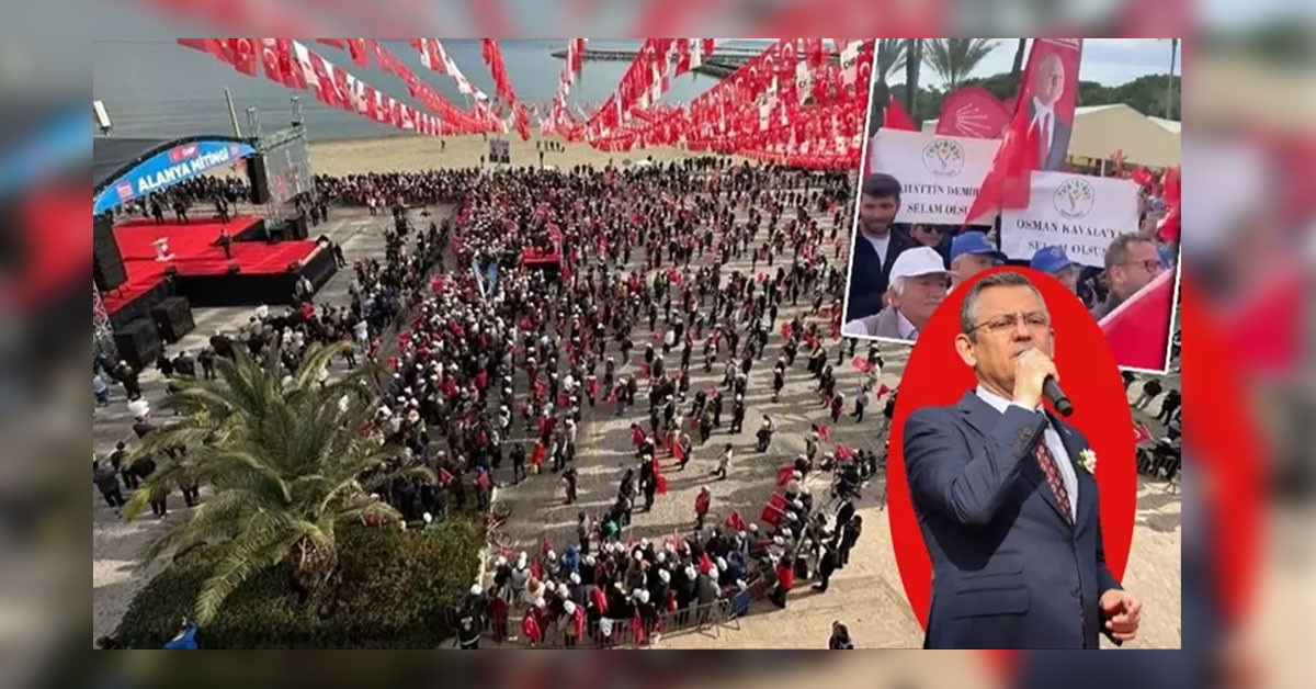 CHP'nin Alanya mitinginde DEM Partinin pankartları açıldı. Terör suçlusu Selahattin Demirtaş ve Devlet anayasal düzen işleyişini bozmakla hükümlü Osman Kavala'ya selam gönderildi
