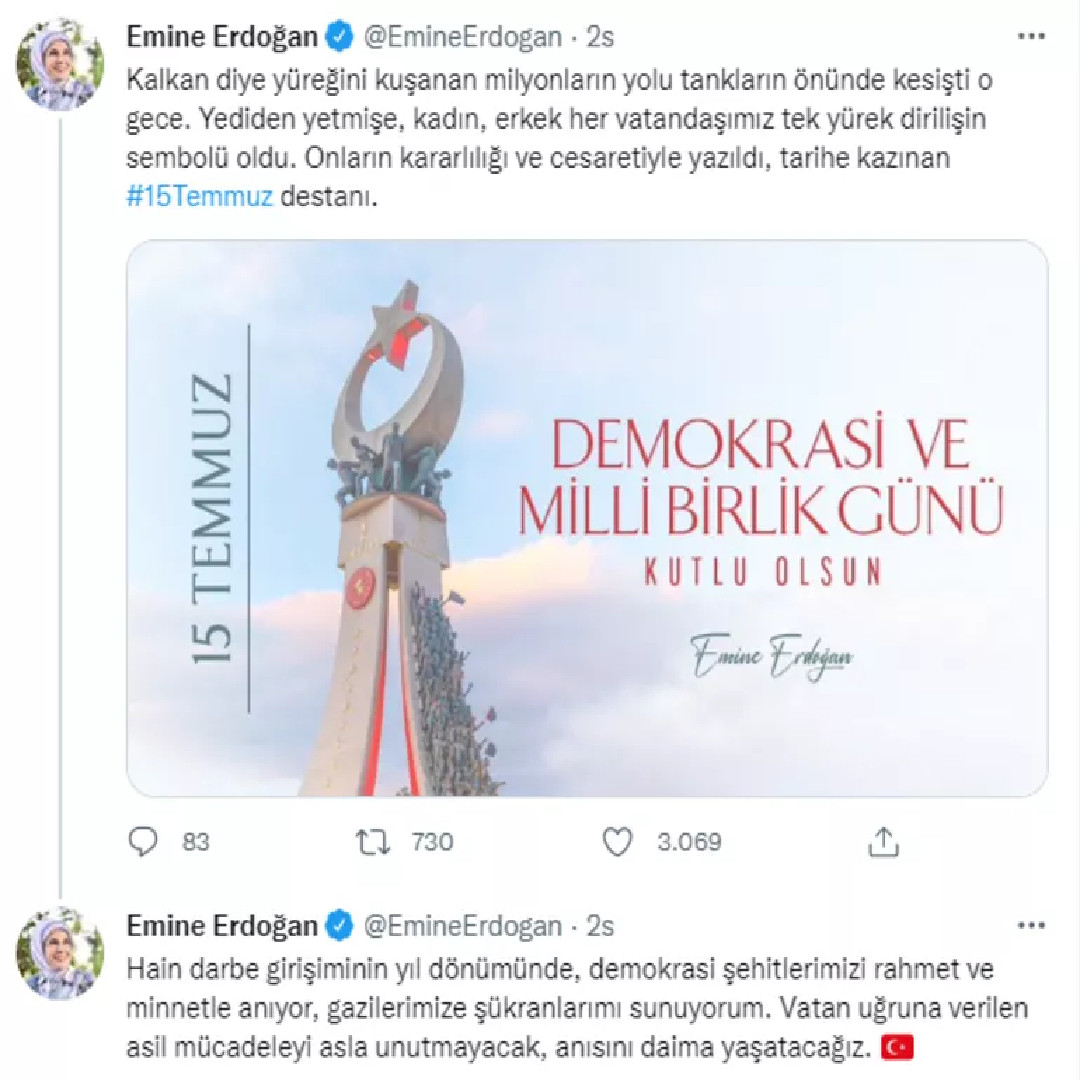 Emine Erdoğan'dan 15 Temmuz paylaşımı
