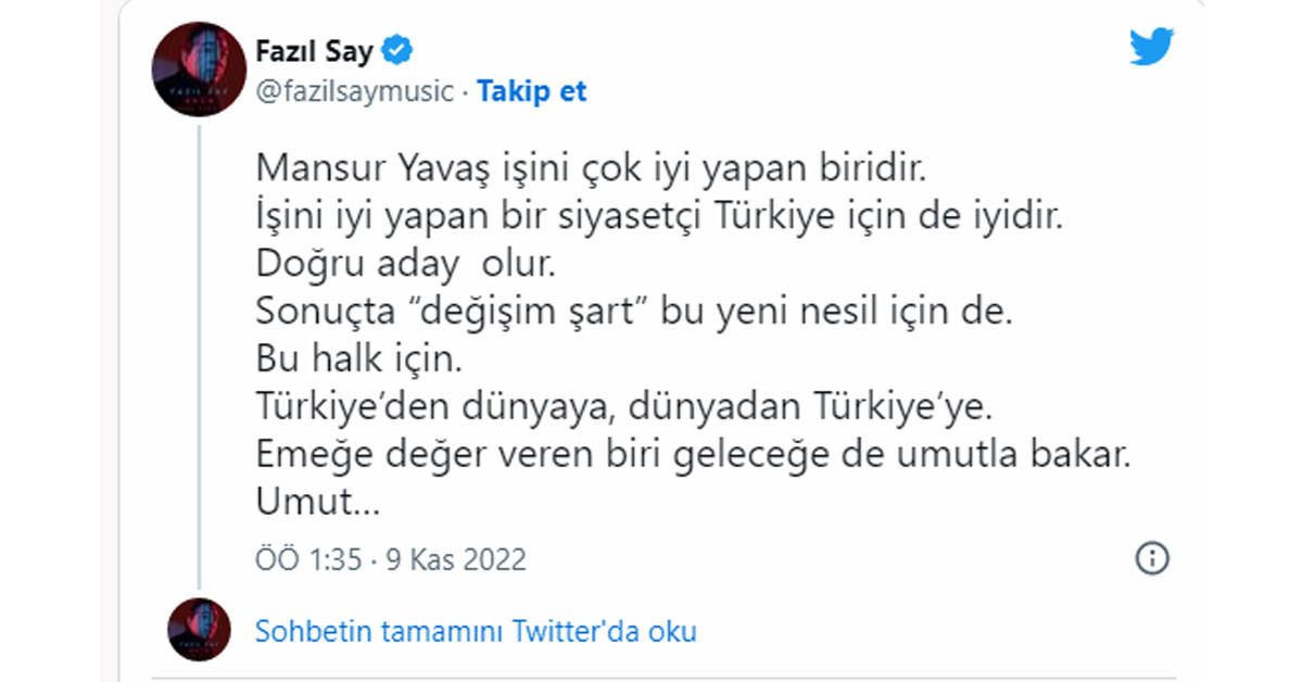 Fazıl Say'dan Mansur Yavaş desteği