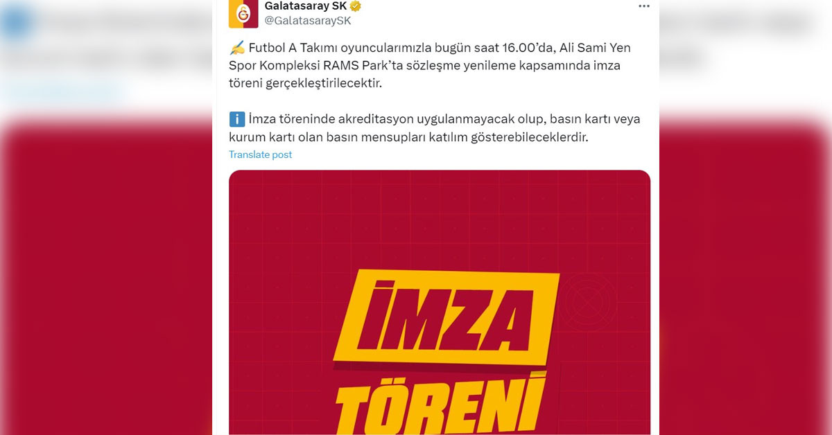 Galatasaray’dan futbol dünyasının merak ettiği haberi duyurdu. A Takım futbolcularıyla sözleşme yenileme kapsamında bugün imza töreni gerçekleştirileceğini açıkladı.