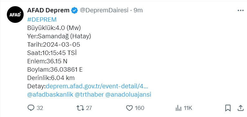 Hatay'da deprem