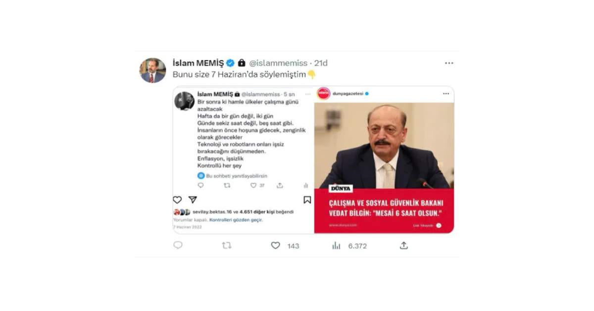 İslam Memiş mesai saati