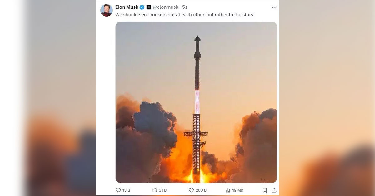 İsrail’in Filistin’e yönelik saldırılarında ikircilikli bir tavır sergileyen Elon Musk, İsrail’in İran’a gerçekleştirdiği saldırısının ardından paylaşımda bulundu, ‘‘Roketleri birbirimize değil, yıldızlara göndermeliyiz’’ ifadelerine yer verdi.