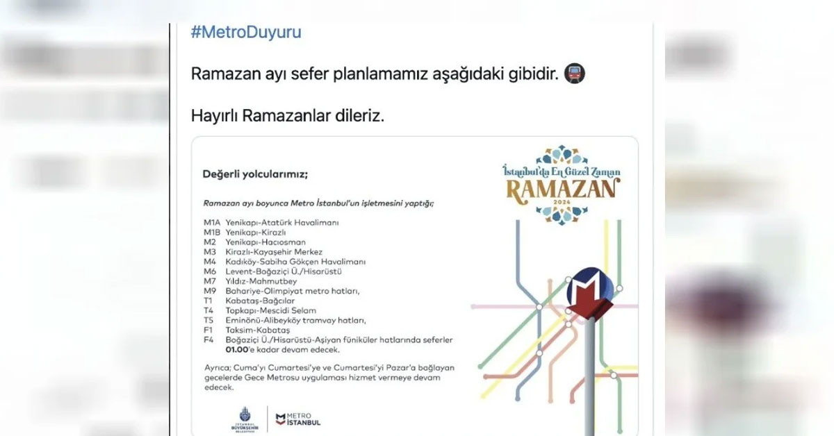 İstanbul Büyükşehir Belediyesi, metro seferlerinin gece 01.00'e kadar devam edeceğini açıkladı.