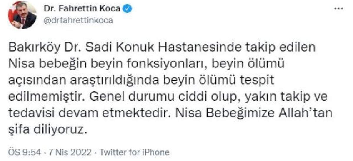 Nisa bebeğin beyin ölümü tespit edilmedi