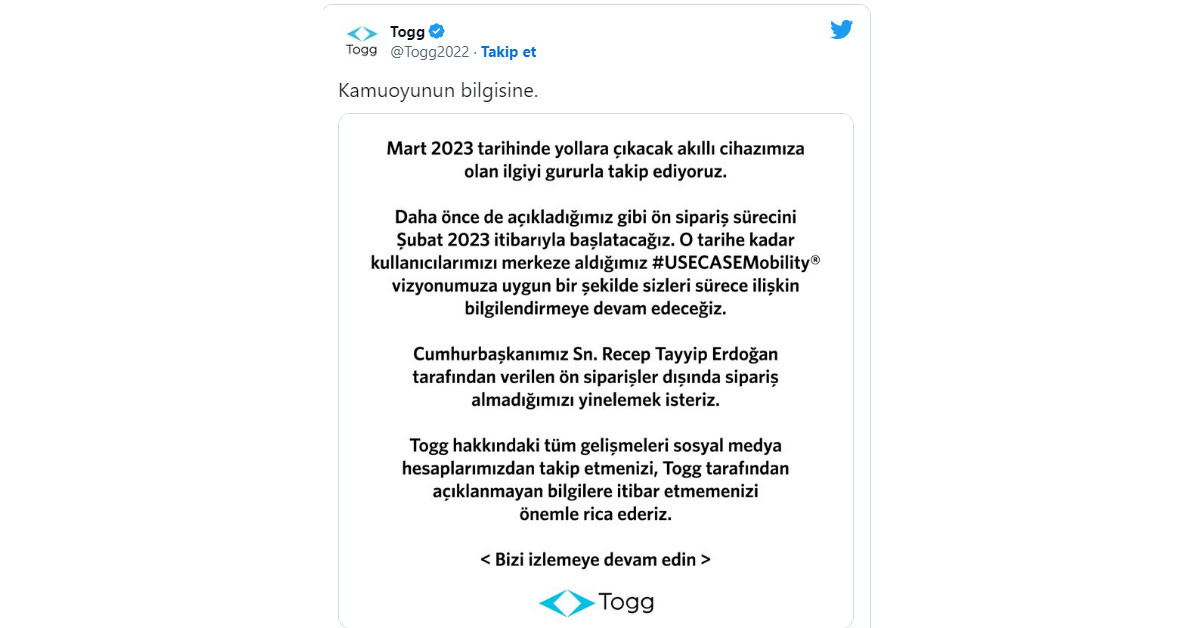 TOGG ön sipariş açıklaması