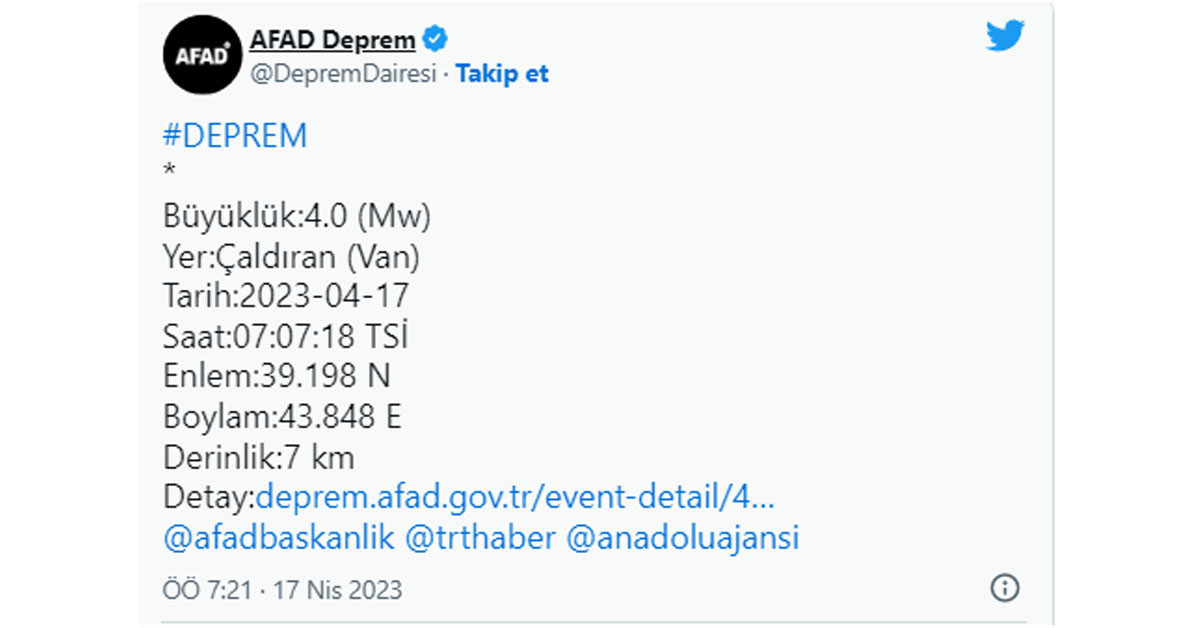 Van'da deprem