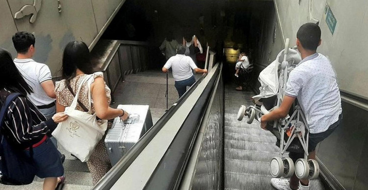 Taksim metrosunda yürüyen merdivenlerin çalışmaması yolculara zor anlar yaşattı! Vatandaşlar isyan etti!